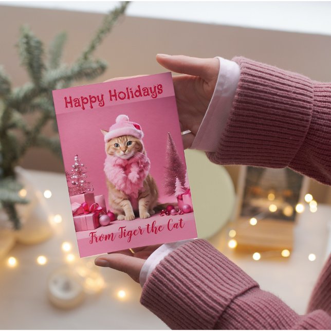 Pink Christmas Cat Lovers Ginger Kitten Holiday Card (Creator Uploaded)