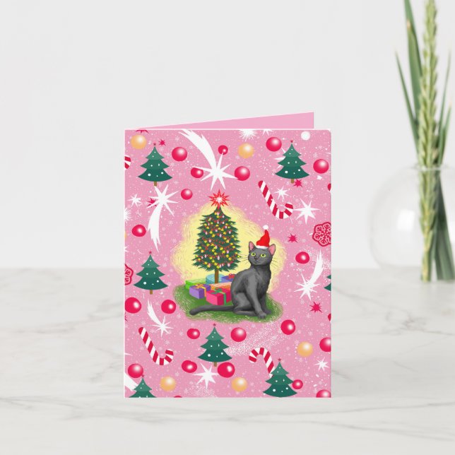 Pink Christmas Cat Note Card (Front)