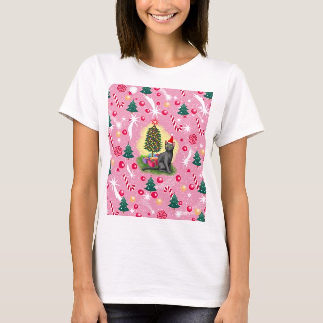 Pink Christmas Cat T-Shirt (Front)