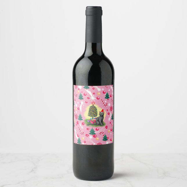 Pink Christmas Cat Wine Label (Front)
