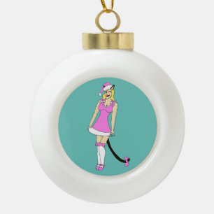Pink Christmas catgirl Ceramic Ball Christmas Ornament