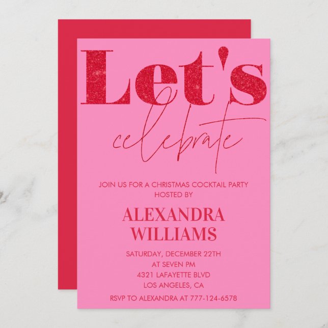Pink Christmas Cocktail Party Let's celebrate Invitation (Front/Back)