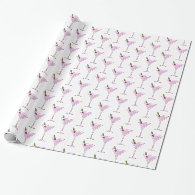 Pink Christmas Cocktail Wrapping Paper (Unrolled)