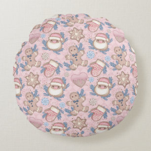Pink Christmas cookies Round Cushion
