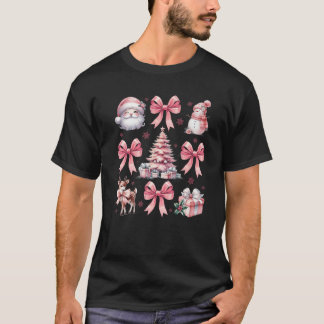Pink Christmas Coquette Bow Santa Pattern Womens F T-Shirt