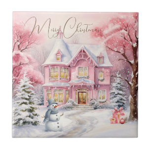 Pink Christmas Country Cottage Ceramic Tile