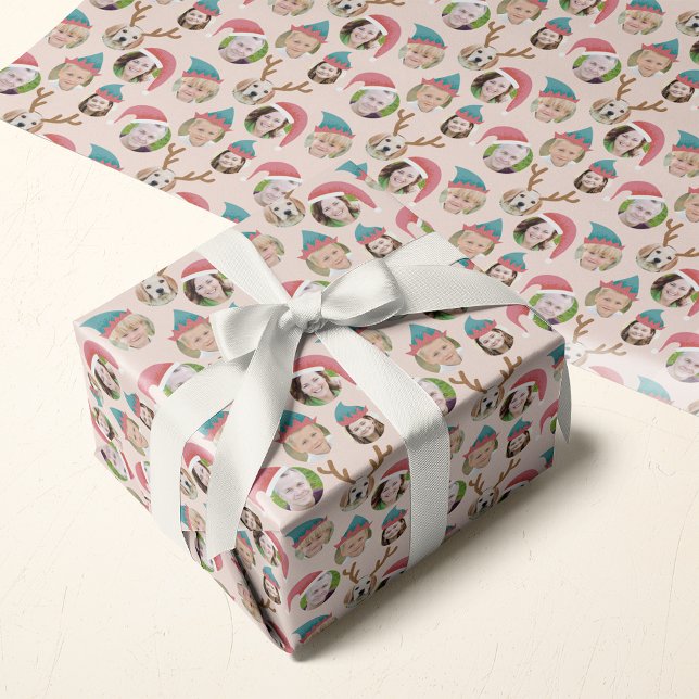 Pink Christmas Crew Custom Six Photo Funny Holiday Wrapping Paper (Creator Uploaded)