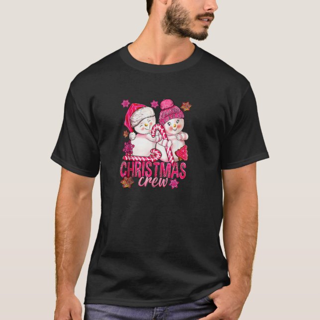 Pink Christmas Crew Snowman With Candy Cane Xmas H T-Shirt (Front)