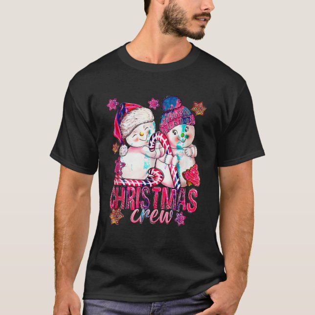Pink Christmas Crew Snowman With Candy Cane Xmas H T-Shirt (Front)