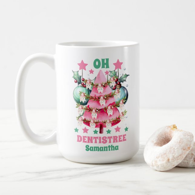 Pink Christmas Dentist Merry Christmas Custom Name Coffee Mug (With Donut)