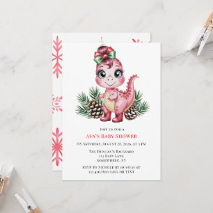 Pink Christmas Dino Girl Baby Shower Invitation