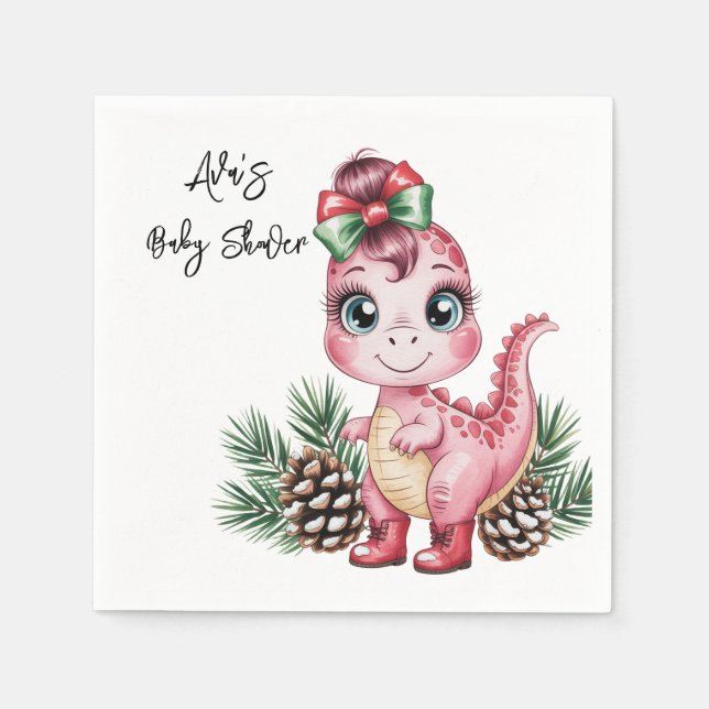 Pink Christmas Dino Girl Baby Shower Napkin (Front)
