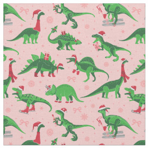 pink christmas dinosaurs stegosaurus triceratops  fabric