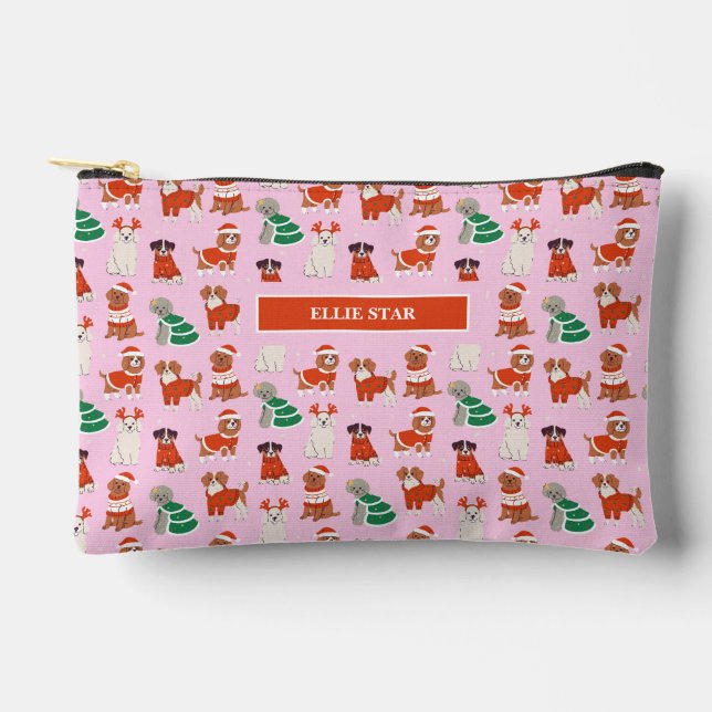 Pink Christmas Dogs Girl Personalised Cosmetic Bag (Front)