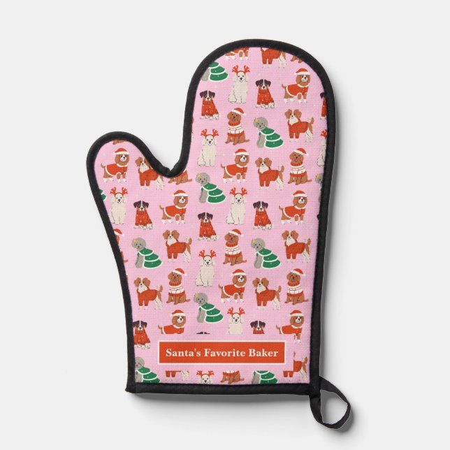 Pink Christmas Dogs Personalised Oven Mitt (Front)