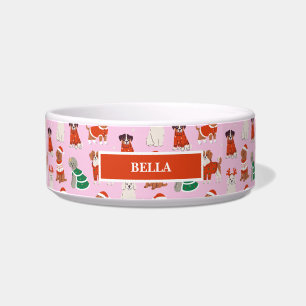 Pink Christmas Dogs Personalised Pet Bowl