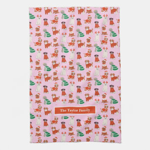 Pink Christmas Dogs Personalised Tea Towel