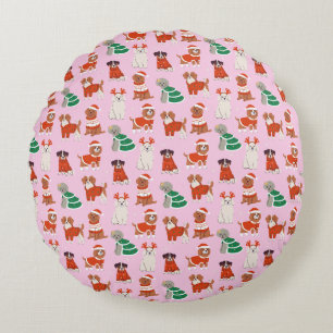 Pink Christmas Dogs Round Throw Cushion