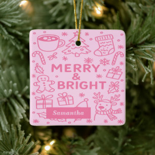 Pink Christmas Doodle Merry & Bright Ceramic Ornament