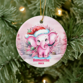 Pink Christmas Elephant Kids Photo Ornament