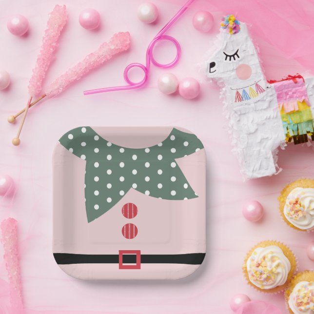 Pink Christmas Elf Suit Holiday Party  Paper Plate (Party)