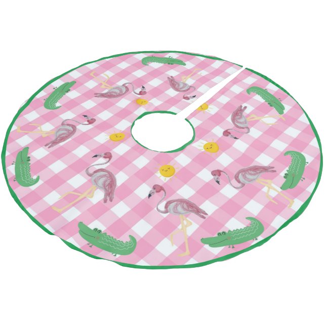 Pink Christmas Flamingo Alligator   Brushed Polyes Polyester Tree Skirt (Angled)