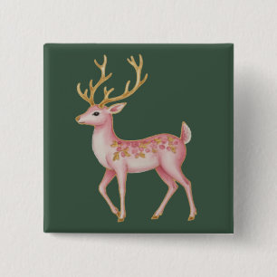 Pink Christmas Floral Reindeer Woodland Vintage 15 Cm Square Badge