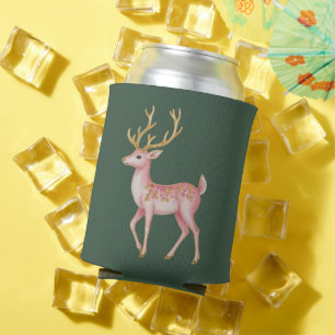 Pink Christmas Floral Reindeer Woodland Vintage Can Cooler