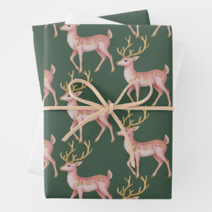 Pink Christmas Floral Reindeer Woodland Vintage  Wrapping Paper Sheet