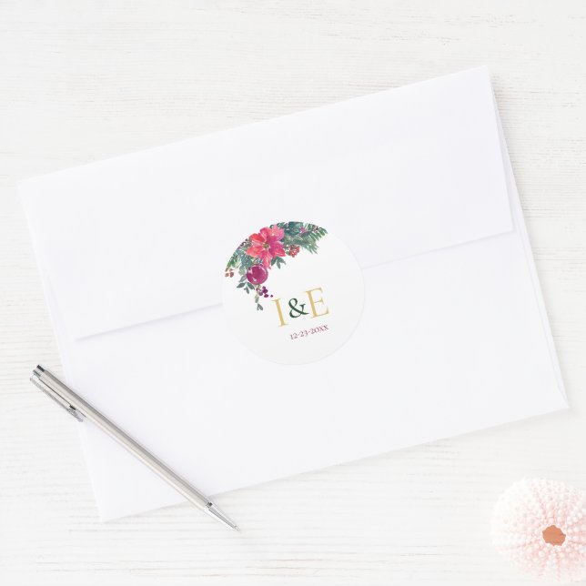 Pink Christmas Floral Wedding Monograms Classic Round Sticker (Envelope)