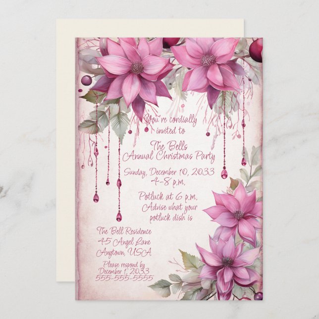 Pink Christmas Flowers Annual Christmas Party  Invitation (Front/Back)