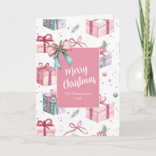 Pink Christmas Gift Packages Vintage Holiday Card