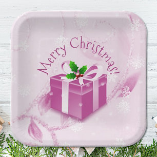 Pink Christmas Gift Paper Plate