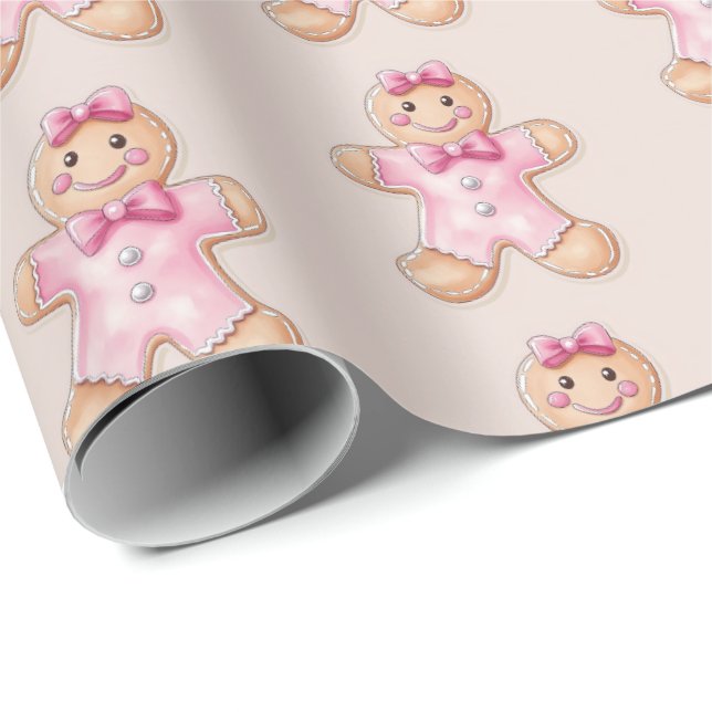 Pink Christmas Gingerbread Cookie Wrapping Paper (Roll Corner)