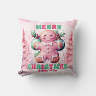 Pink Christmas Gingerbread Personalised Kids Name Cushion