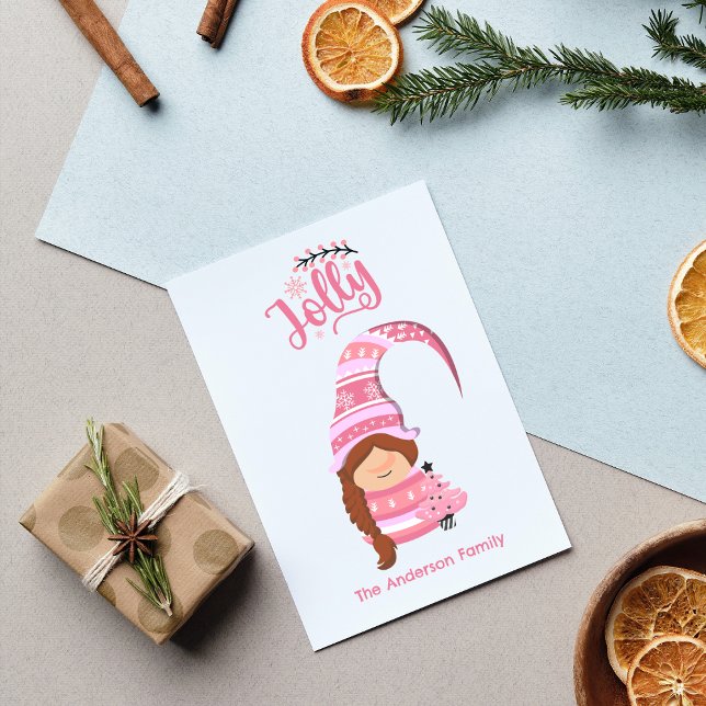 Pink Christmas Girl Gnome With Braid Hair Jolly Holiday Card (Pink Christmas Girl Gnome With Braid Hair Jolly Holiday Card - Personalized Festive Greeting)