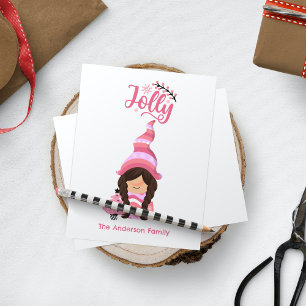 Pink Christmas Girl Gnome With Dark Hair Jolly Holiday Card