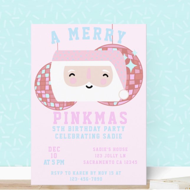 Pink Christmas Girls Disco Birthday Party Invitation (Creator Uploaded)