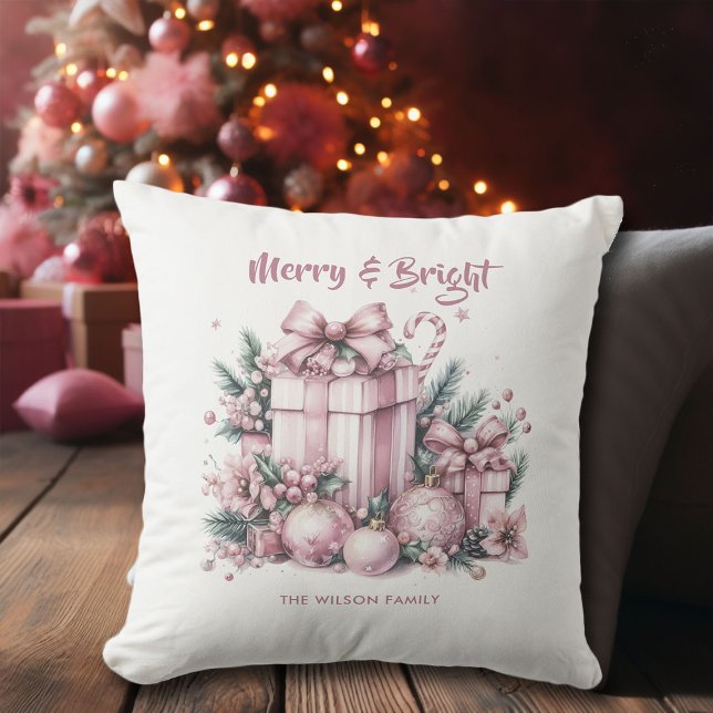 Pink Christmas Glam Merry Décor Personalised Cushion (pink christmas ideas glam personalized throw pillow decor watercolor presents baubles decorations)