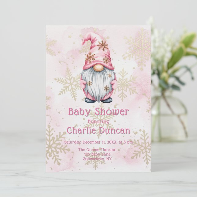 Pink Christmas Gnome Gold Snowflakes Baby Shower Invitation (Standing Front)