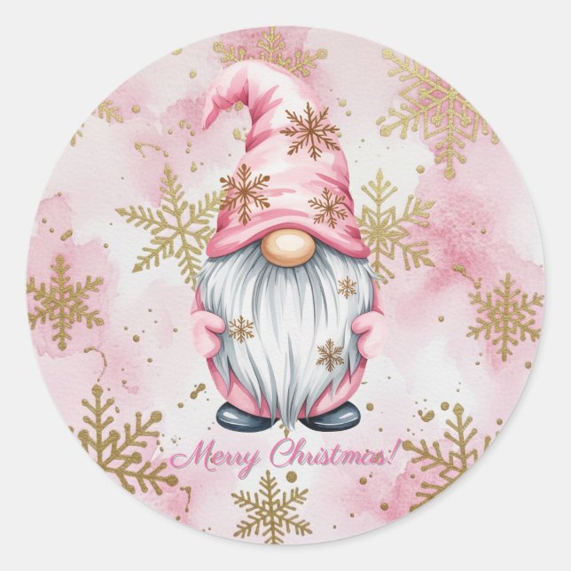 Pink Christmas Gnome Gold Snowflakes Classic Round Sticker (Front)