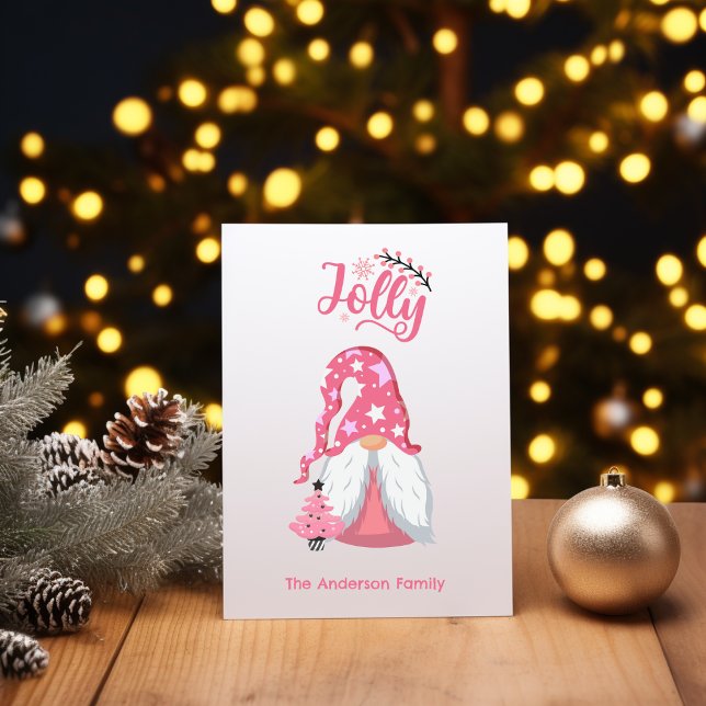 Pink Christmas Gnome Jolly Holiday Card (Creator Uploaded)