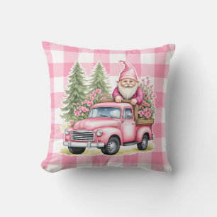 Pink Christmas Gnome & Truck Merry Christmas Plaid Cushion