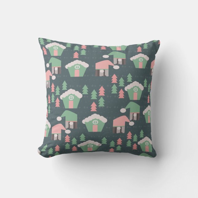 Pink Christmas Gnome Village Gingerbread Houses Cushion (Front)