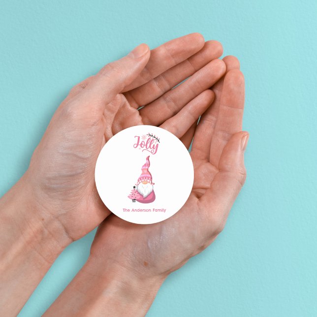 Pink Christmas Gnome With Winer Hat Jolly Classic Round Sticker (Pink Christmas Gnome With Winer Hat Jolly Classic Round Sticker - Personalized Festive Greeting)