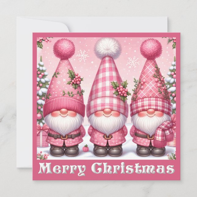 Pink Christmas Gnomes Greeting Card (Front)