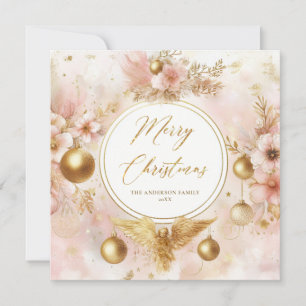 Pink Christmas Gold Angel Floral Wreath Family Holiday Card