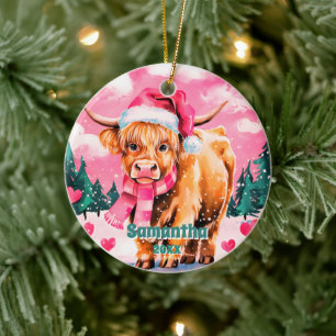 Pink Christmas Highland Cow Kids Photo Ornament