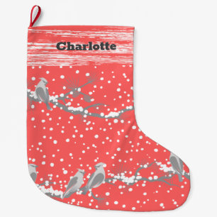 Pink Christmas Holiday Birds and Snow Stocking