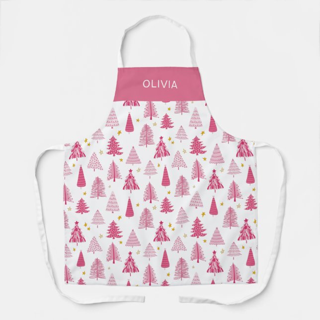 Pink Christmas Holiday tree Apron (Front)